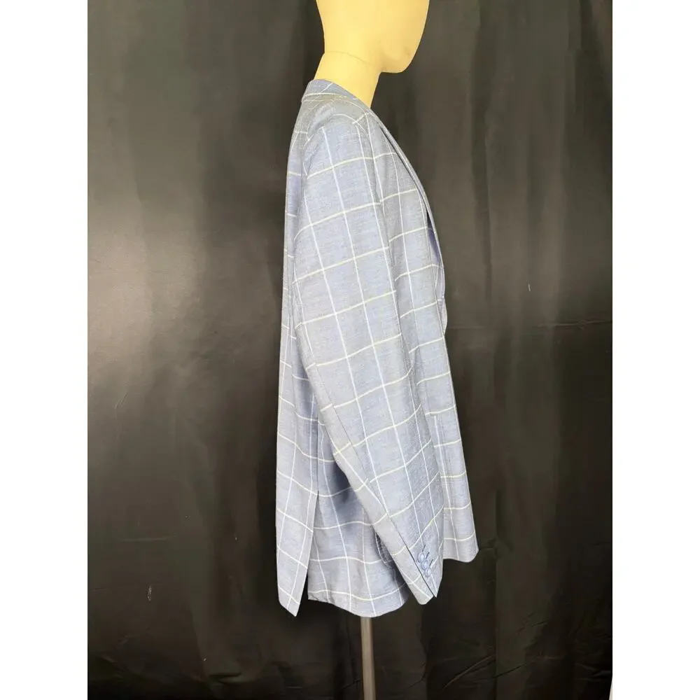Lorenzo Bruno Italian Design Blazer, Blue Plaid, Sports Coat, Super 150 Lined